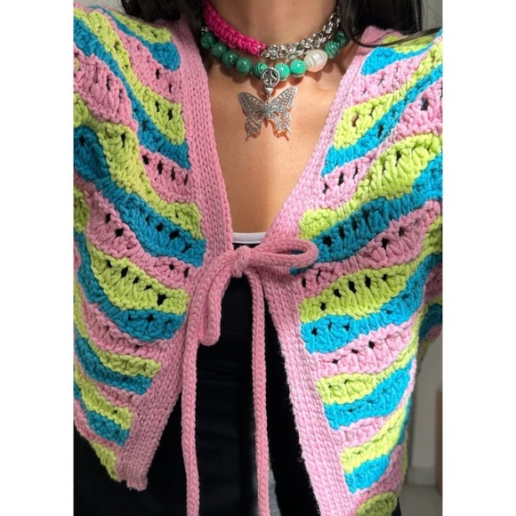 Zara crochet chunky knit tie front cardigan pink blue green - Picture 9 of 9